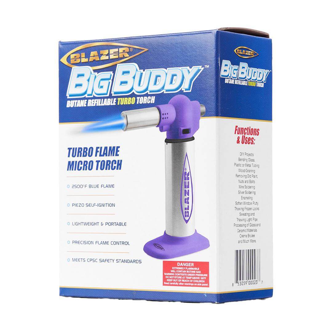 Blazer Big Buddy Butane Torch box featuring turbo flame, lightweight design, and safety standards.