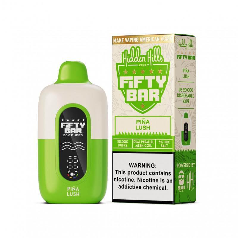 Hidden Hills Fifty Bar 20K Puff Disposable Nicotine Vape in Pina Lush flavor with box packaging.