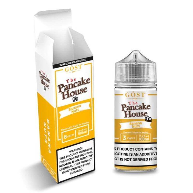 The Pancake House 100ml E-liquid with banana nut flavor, featuring a stylish bottle and carton packaging.