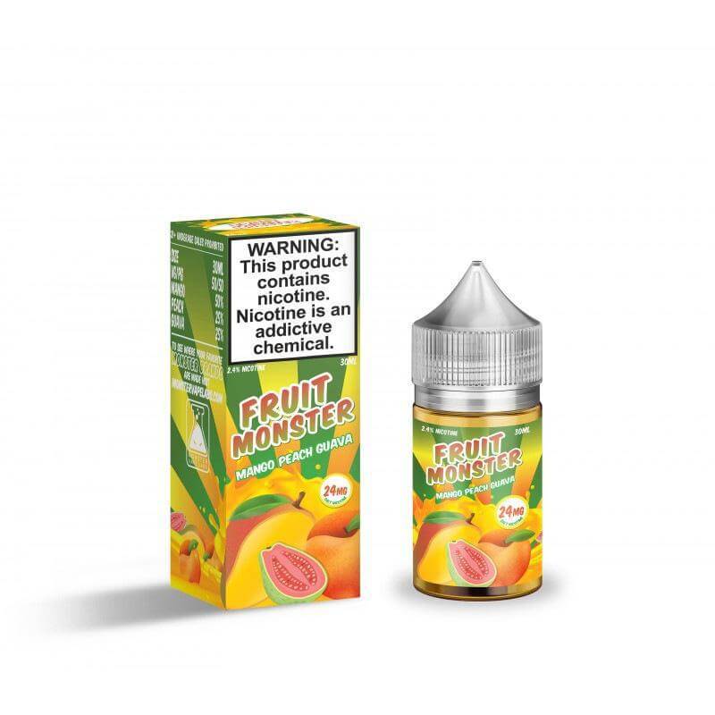 Fruit Monster Salt Nic 30ml Mango Peach Guava e-liquid bottle and box for vaping enthusiasts.