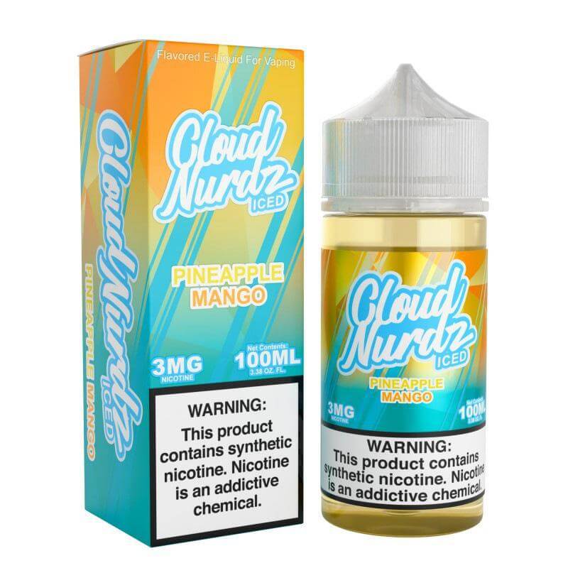 Cloud Nurdz Iced Pineapple Mango e-liquid 100ml bottle with packaging, perfect for sub-ohm vaping.