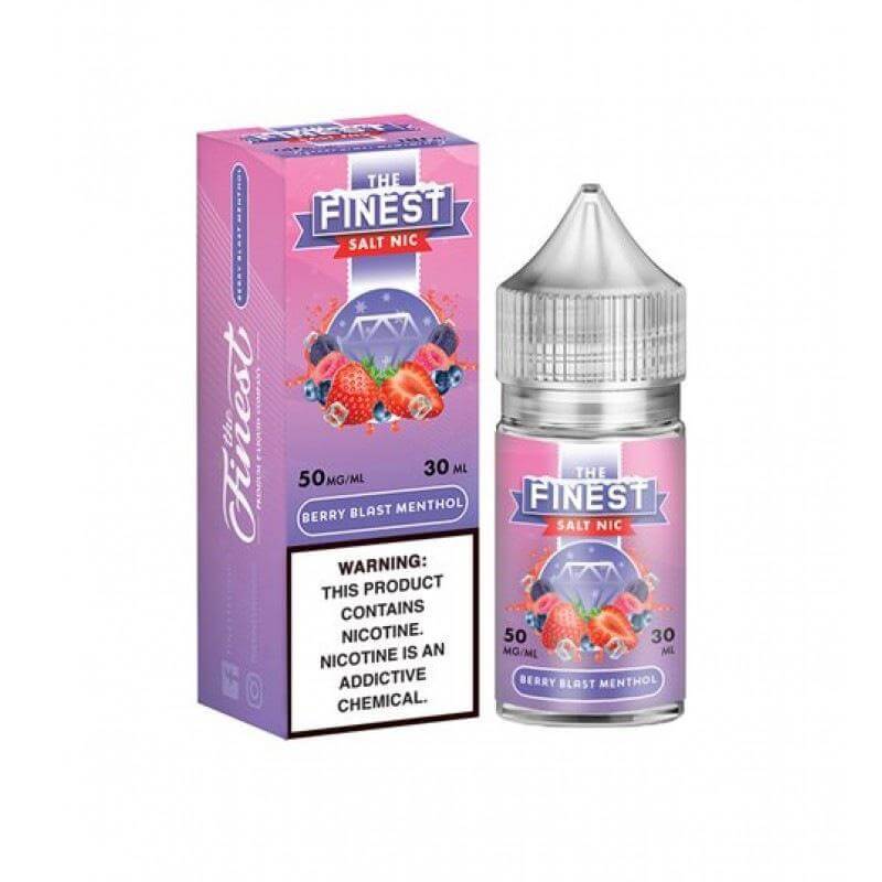 The Finest menthol vape juice 30ml bottle and packaging, featuring Berry Blast flavor and warnings about nicotine.