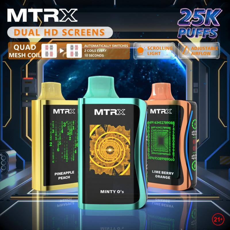 MTRX MX 25K Disposable Vape in flavors Minty 0's, Pineapple Peach, Lime Berry Orange, featuring dual HD screens.