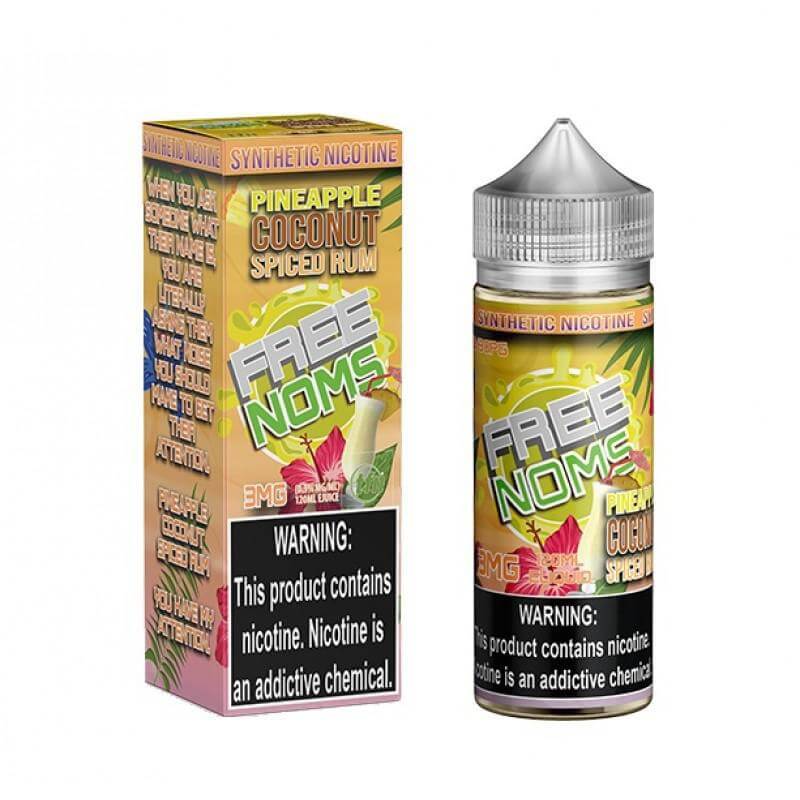 Free NOMS 120ml E-Liquid Pineapple Coconut Spiced Rum with vibrant packaging and warning labels for nicotine.