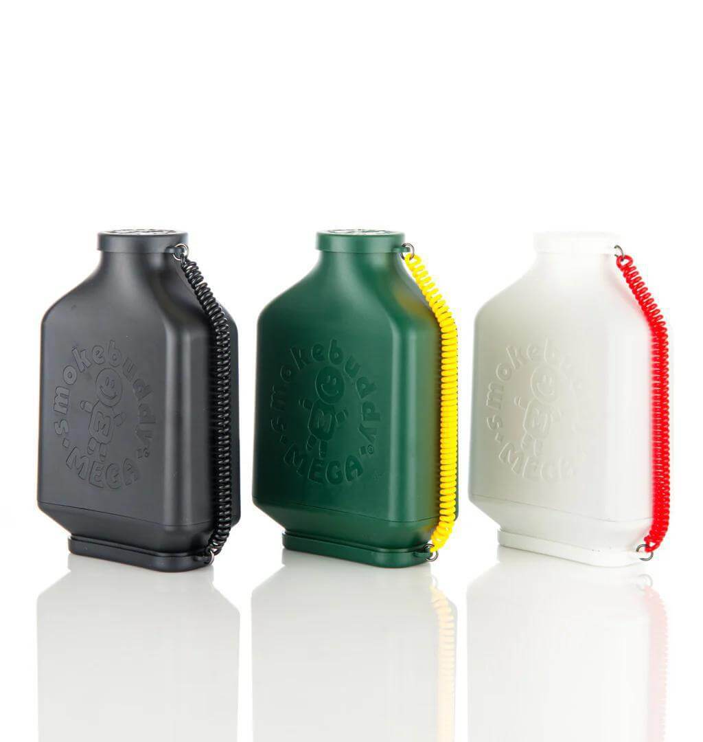 Three Smokebuddy MEGA personal air filters in black, green, and white with LED keychains, ideal for smokers.