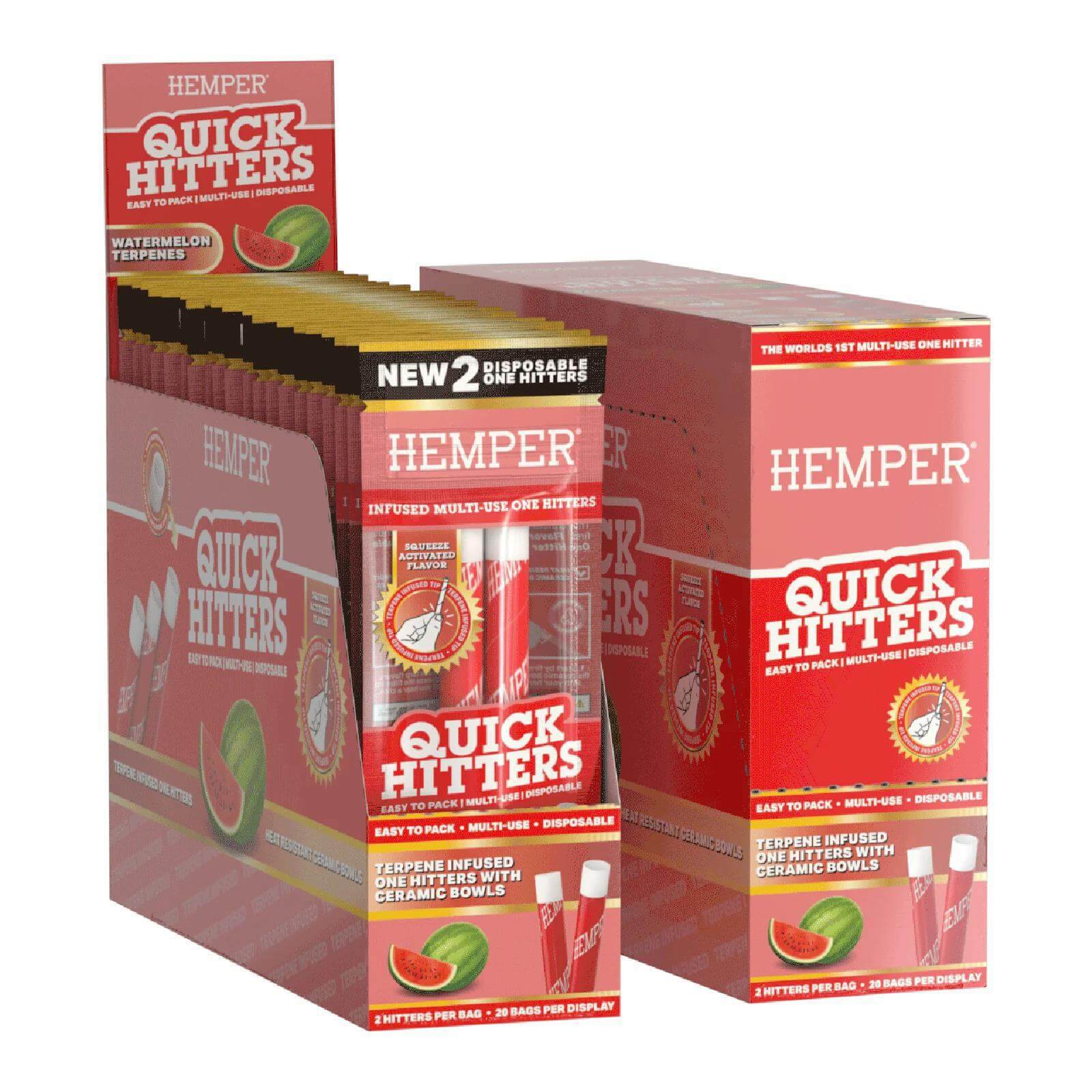 Hemper Quick Hitters packaging featuring flavor-infused disposable one hitters with watermelon terpenes.