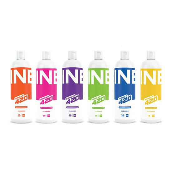 Collection of Formula 420 Nine9 cleaners in various colors, designed for effective glass cleaning.
