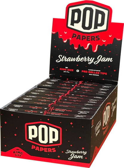 Pop Papers King Size strawberry jam flavored rolling papers with pre-rolled terpene infused tips display.