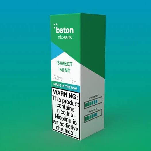 Baton Salts 10ml Sweet Mint Nicotine Salt E-Liquid with warning label, USA made, strong 5% strength.