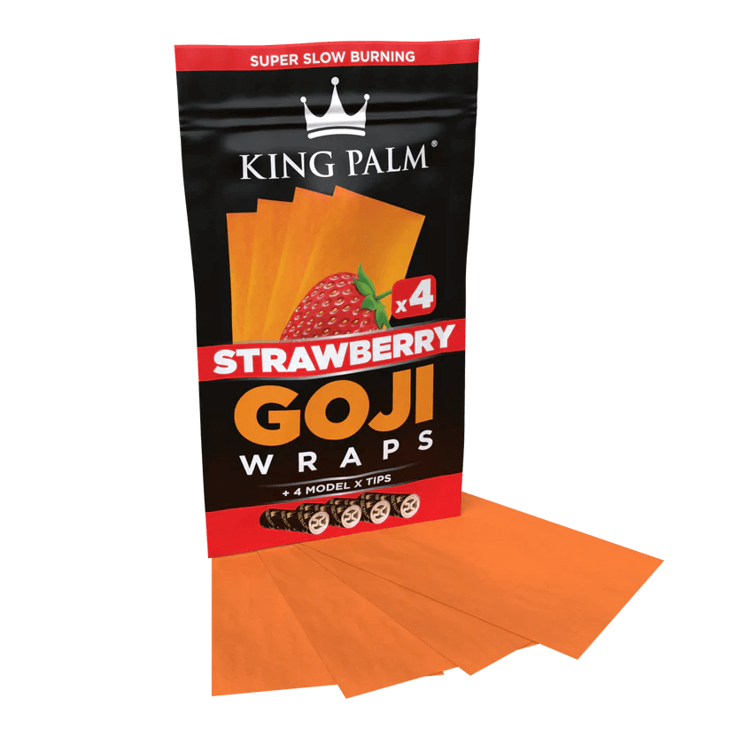 King Palm Strawberry Goji Wraps pack with 4 super slow burning wraps and Model X tips.