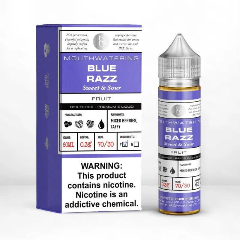 BSX Series 60ml Blue Razz e-liquid bottle with mixed berries and taffy flavor profile, designed for sub-ohm vaping.