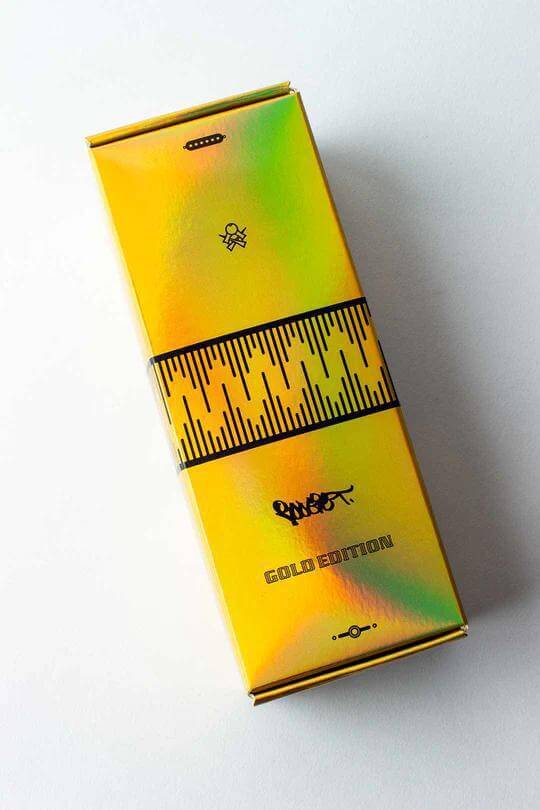 Sweets Kendama Boogie T Gold packaging featuring vibrant colors and 'Gold Edition' label, showcasing a stylish design.