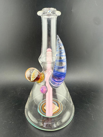 Brando Glass Mini Beaker - Line Worked Horn & Honeycomb Millie w/ Pink Downstem 10mm 45°