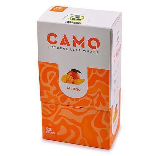 Camo Natural Leaf Wraps in Mango flavor, featuring 25 packs of premium herbal wraps for a smooth, nicotine-free experience.