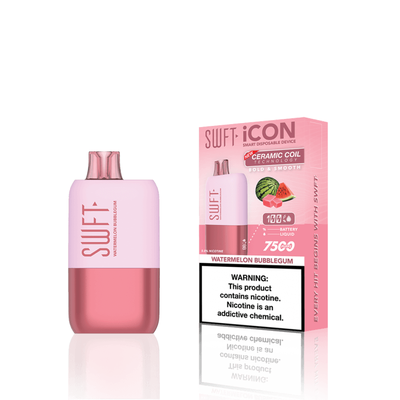 SWFT Icon 7k Disposable Vape in Watermelon Bubblegum flavor, sleek design with pink packaging.