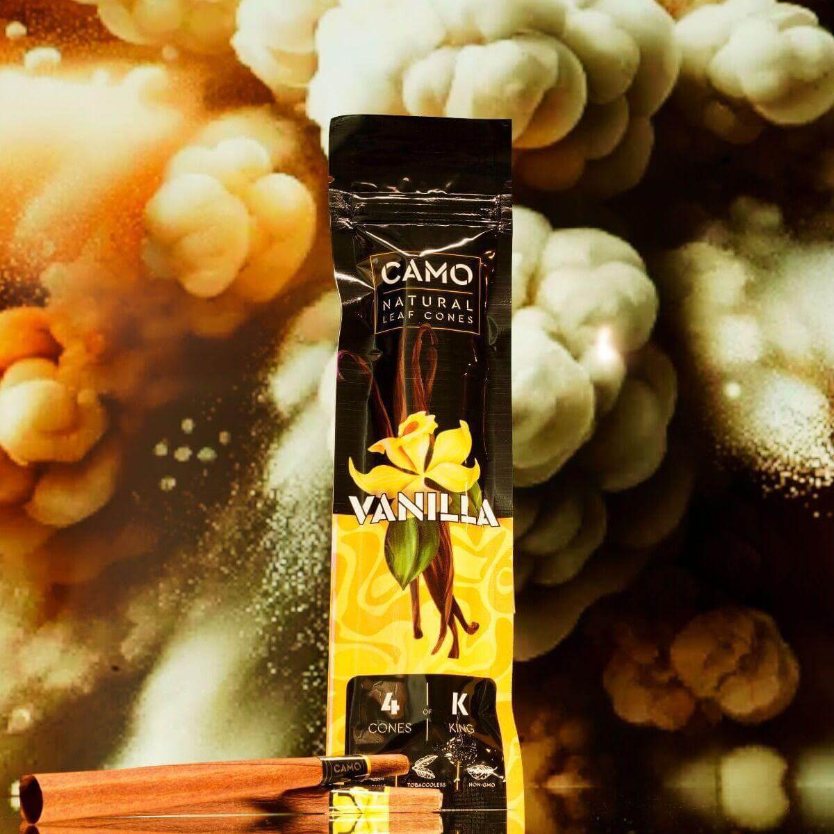 Camo Natural Leaf Cones in vanilla flavor, 4 premium pre-rolled cones on a vibrant background.