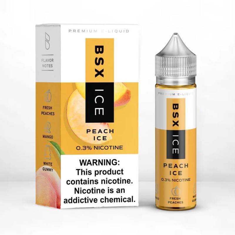 BSX Ice Peach Ice 60ml e-liquid bottle with peach flavor notes and warning about nicotine content.