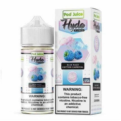 Pod Juice Hyde Blue Razz Cotton Carnival 100ml e-liquid bottle and packaging for sub-ohm vaping.