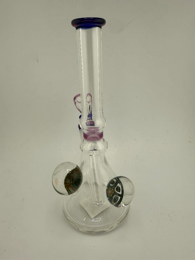 Lylo Glass Color Accent Mini Beaker 10mm, handmade glass bong with colorful accents, perfect for concentrates and dry herbs.