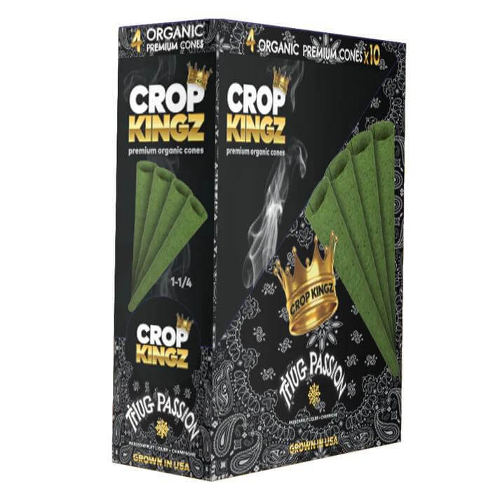 Crop Kingz Organic Hemp Cones 1 1/4 Size 4pc packaging featuring Thug Passion design.