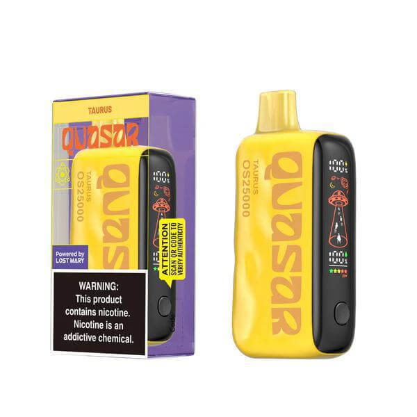 Quasar OS25000 vape device in yellow packaging, featuring nicotine warning label and full-color graphics.