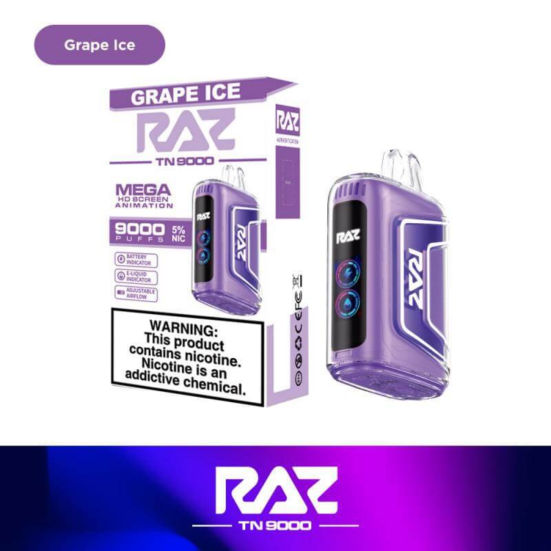 Raz TN9000 Disposable Vape in Grape Ice flavor, featuring 12mL e-liquid and 5% nicotine.