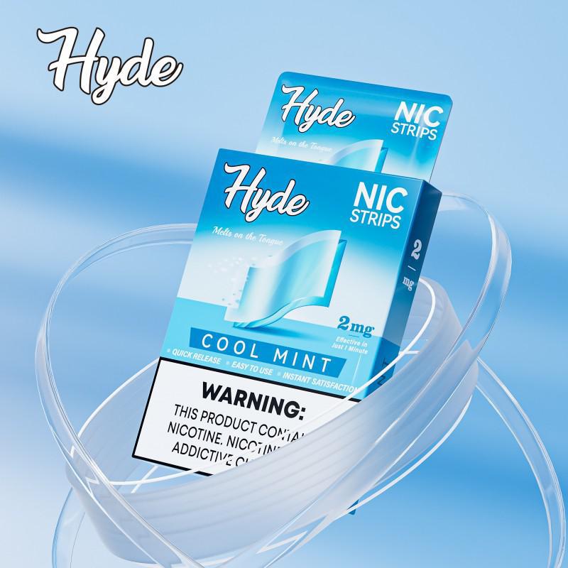 Hyde NIC Strips box in Cool Mint flavor, featuring 2mg nicotine for fast-acting satisfaction.