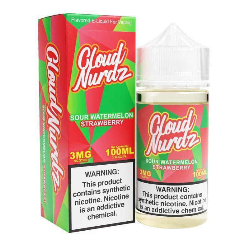 Cloud Nurdz 100ml Sour Watermelon Strawberry e-liquid, offering smooth, fruity vaping experience with 3mg nicotine.