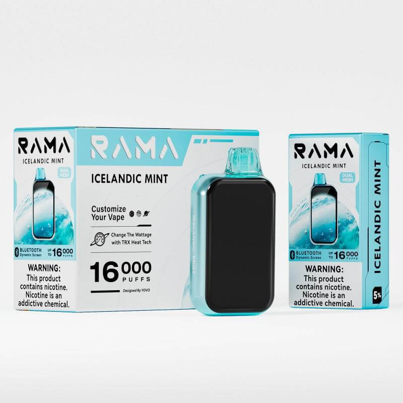 RAMA 16000 Disposable Vape in Icelandic Mint flavor with packaging and customization features.