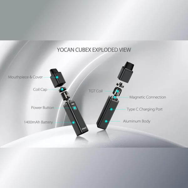 Exploded view of Yocan Cubex Vaporizer showing mouthpiece, coil, battery, and charging ports.