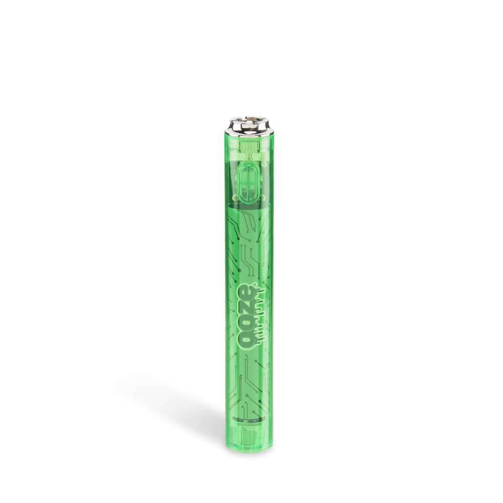 Ooze Slim Clear Series 510 Cart Battery in transparent green design for a retro vaping experience.