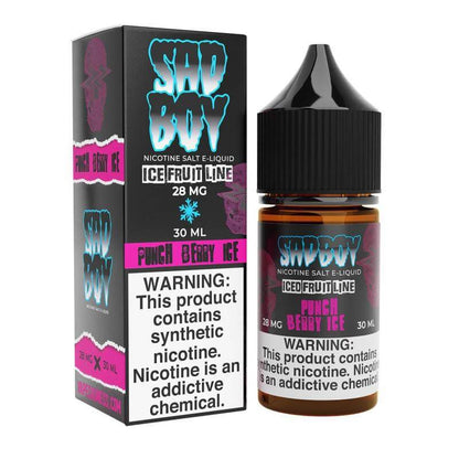 Sad Boy Salt Nic e-liquid 30ml with Ice Fruit flavor, featuring packaging and warning labels about nicotine.