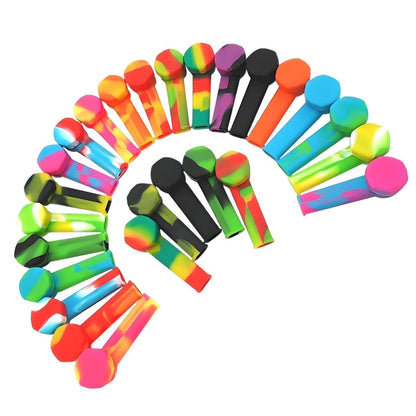 Colorful collection of Silicone Hand Pipe 3" featuring random patterns and matching lids.