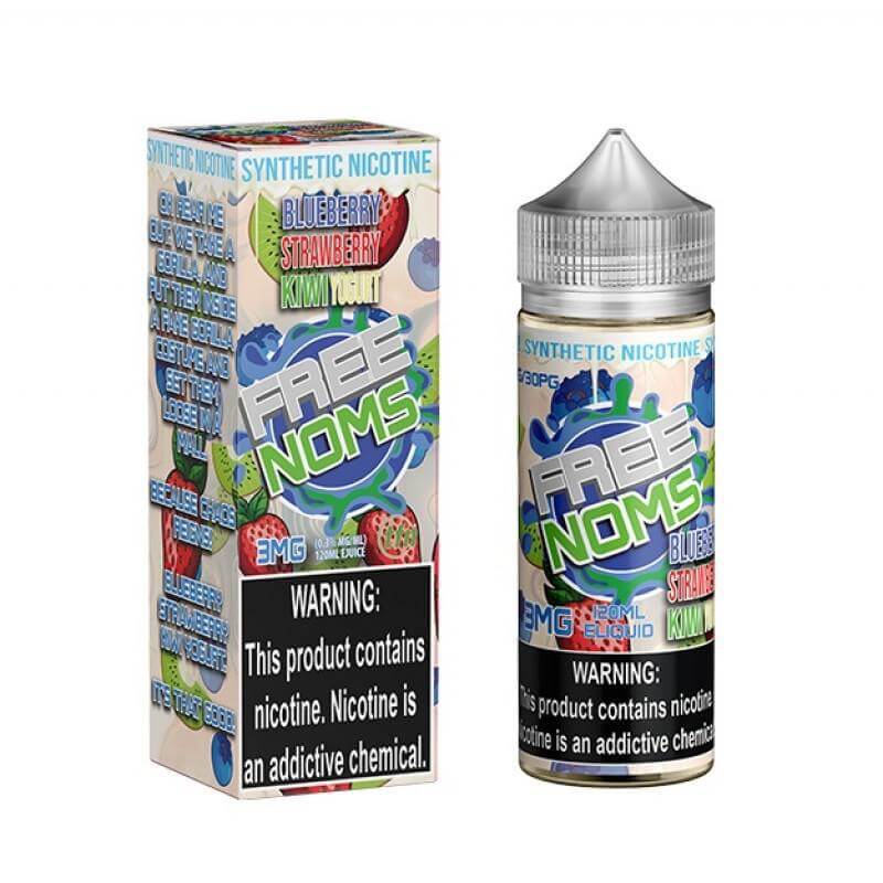 NOMS 120ml e-liquid featuring blueberry, strawberry, and kiwi flavors with a childproof cap and warning labels.