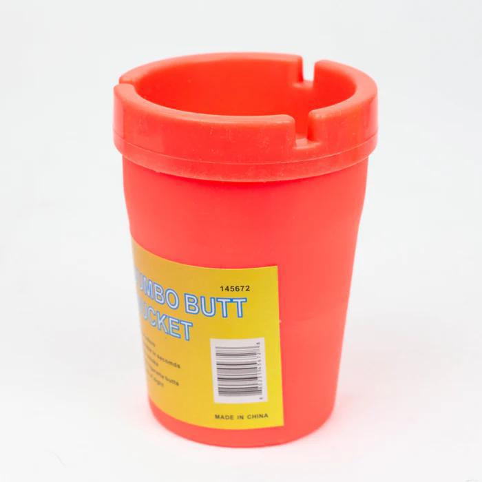 Jumbo Butt Bucket ashtray in bright red; compact design fits cupholders for clean smoking convenience.