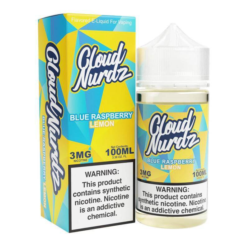 Cloud Nurdz Blue Raspberry Lemon e-liquid 100ml, vibrant fruity flavor, 3mg nicotine for smooth vaping experience.