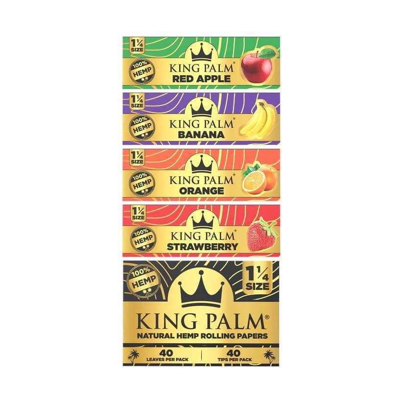 King Palm flavored hemp rolling papers in 1 1/4 size: Red Apple, Banana, Orange, Strawberry, with 40 leaves per pack.