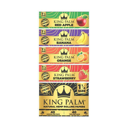 King Palm flavored hemp rolling papers in 1 1/4 size: Red Apple, Banana, Orange, Strawberry, with 40 leaves per pack.