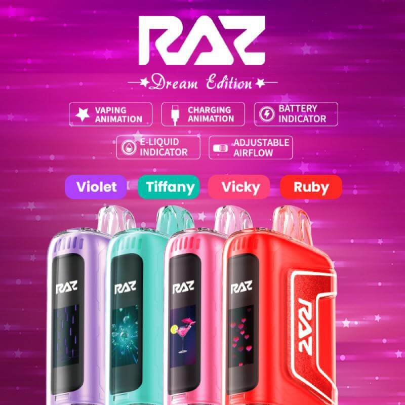 Raz TN9000 Dream Edition vapes in Violet, Tiffany, Vicky, and Ruby with vibrant features on a pink background.