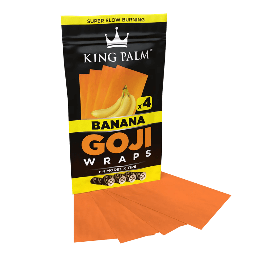 King Palm Banana Goji Wraps pack with four orange wraps and Model X tips, featuring sustainable ingredients.