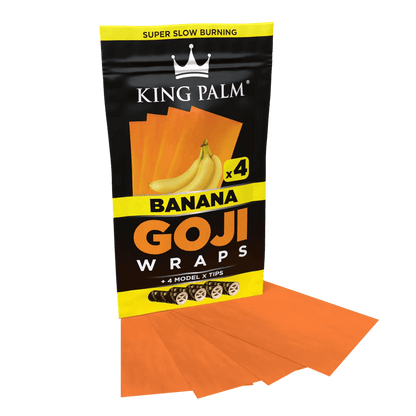 King Palm Banana Goji Wraps pack with four orange wraps and Model X tips, featuring sustainable ingredients.