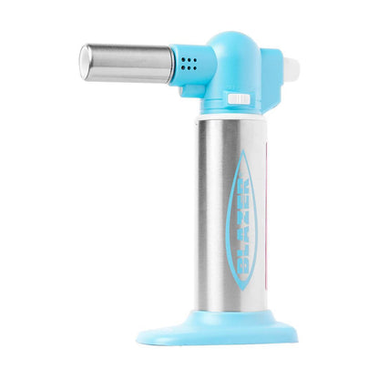 Blazer Big Buddy Butane Torch in blue and silver, lightweight and portable for professional and home use.