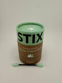 Stix biodegradable cotton swabs packaging, eco-friendly and sustainable, featuring a green design and 55 pieces.