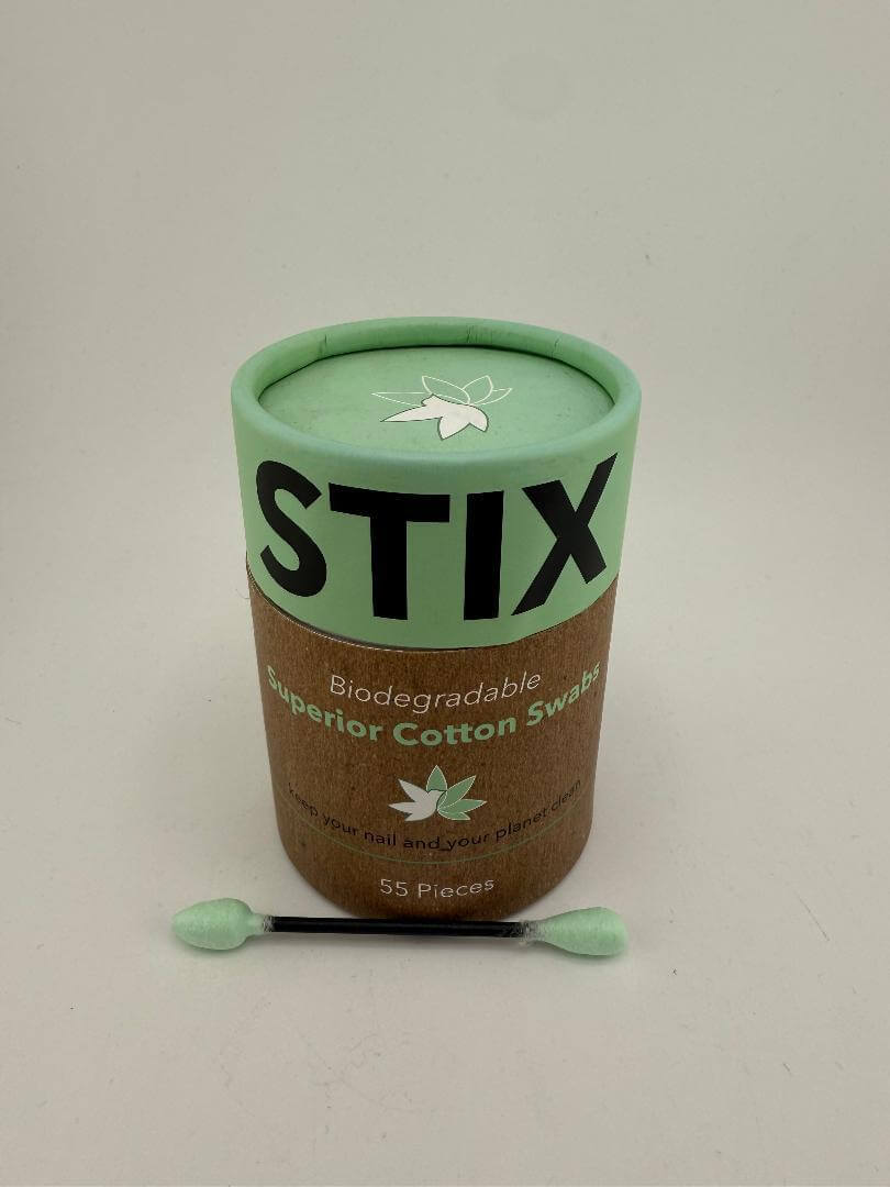 Stix biodegradable cotton swabs packaging, eco-friendly and sustainable, featuring a green design and 55 pieces.