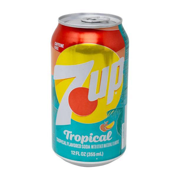 7UP 12oz Can - Tropical with vibrant colors and tropical fruit design, perfect for a refreshing beverage.