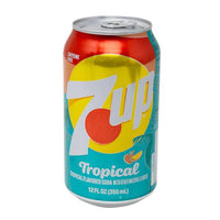 7UP 12oz Can - Tropical with vibrant colors and tropical fruit design, perfect for a refreshing beverage.