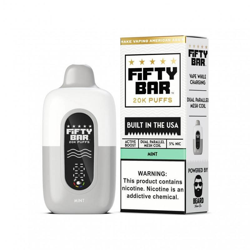 Fifty Bar 20K Disposable vape device in mint flavor with packaging showcasing 5% nicotine and features.
