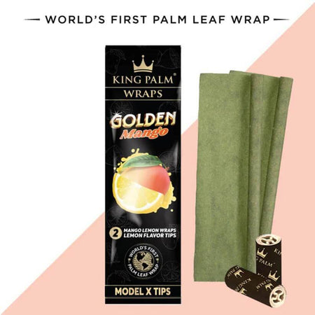 King Palm Golden Mango wraps with lemon flavor tips, organic and tobacco-free palm leaf wraps.