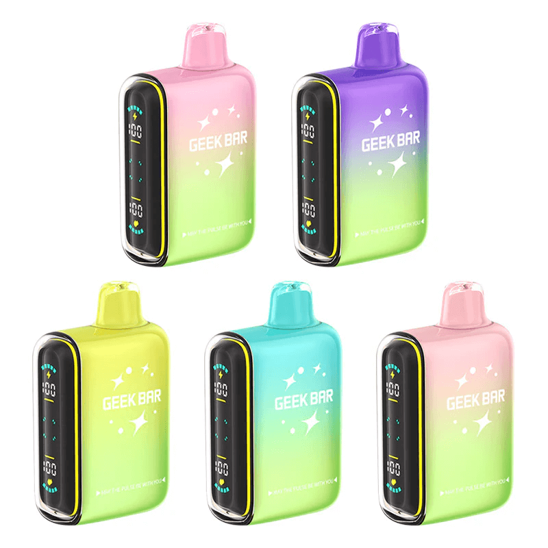 Colorful Geek Bar Pulse disposable vape devices in various flavors and designs.