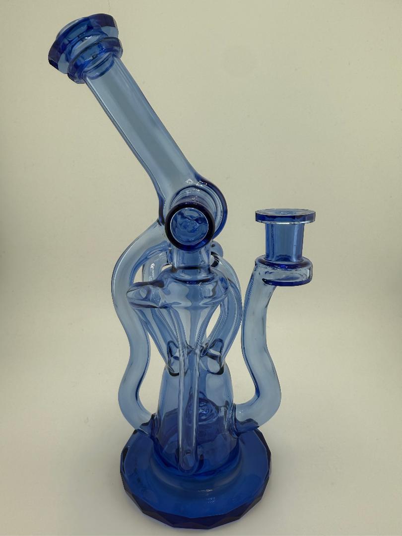 Domer Glass Double Drain Quad Uptake  W/ Bubble Dumper Blue Faceted 10mm Recycler